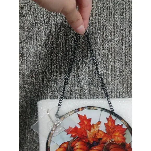 Pumpkin & Maple Leaf Stained Glass Suncatcher - Picture 2 of 5